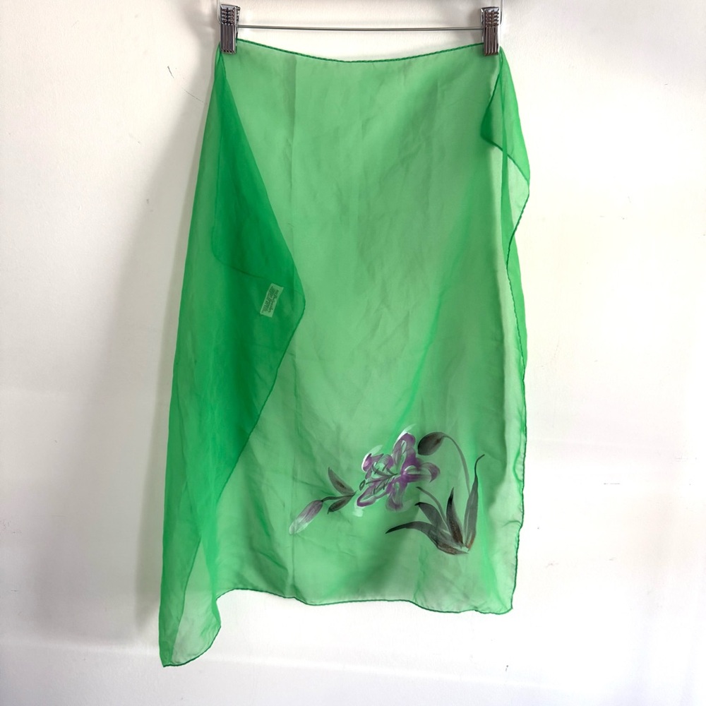 Kelly Green Sheer Floral Hand Painted Vintage Scarf